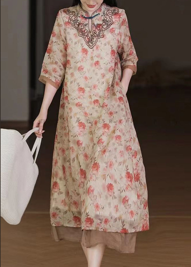 Floral Print Mandarin Collar Frog Button Chest Embroidery 3/4 Sleeve Midi Dress