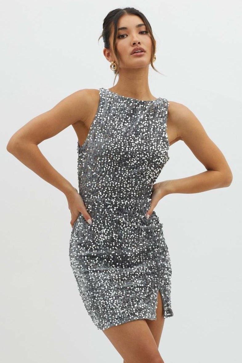 Sequin High Neck Sleeveless Bodycon Mini Party Dress