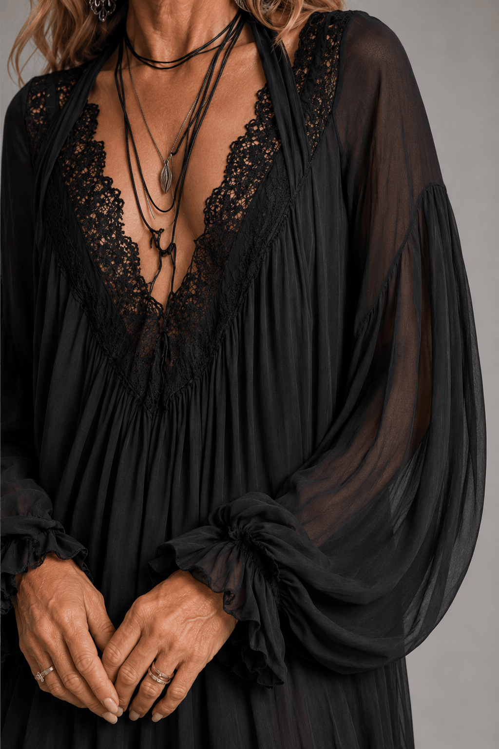 Lace Trim Deep V-Neck Long Sleeve Flowy Mini Dress