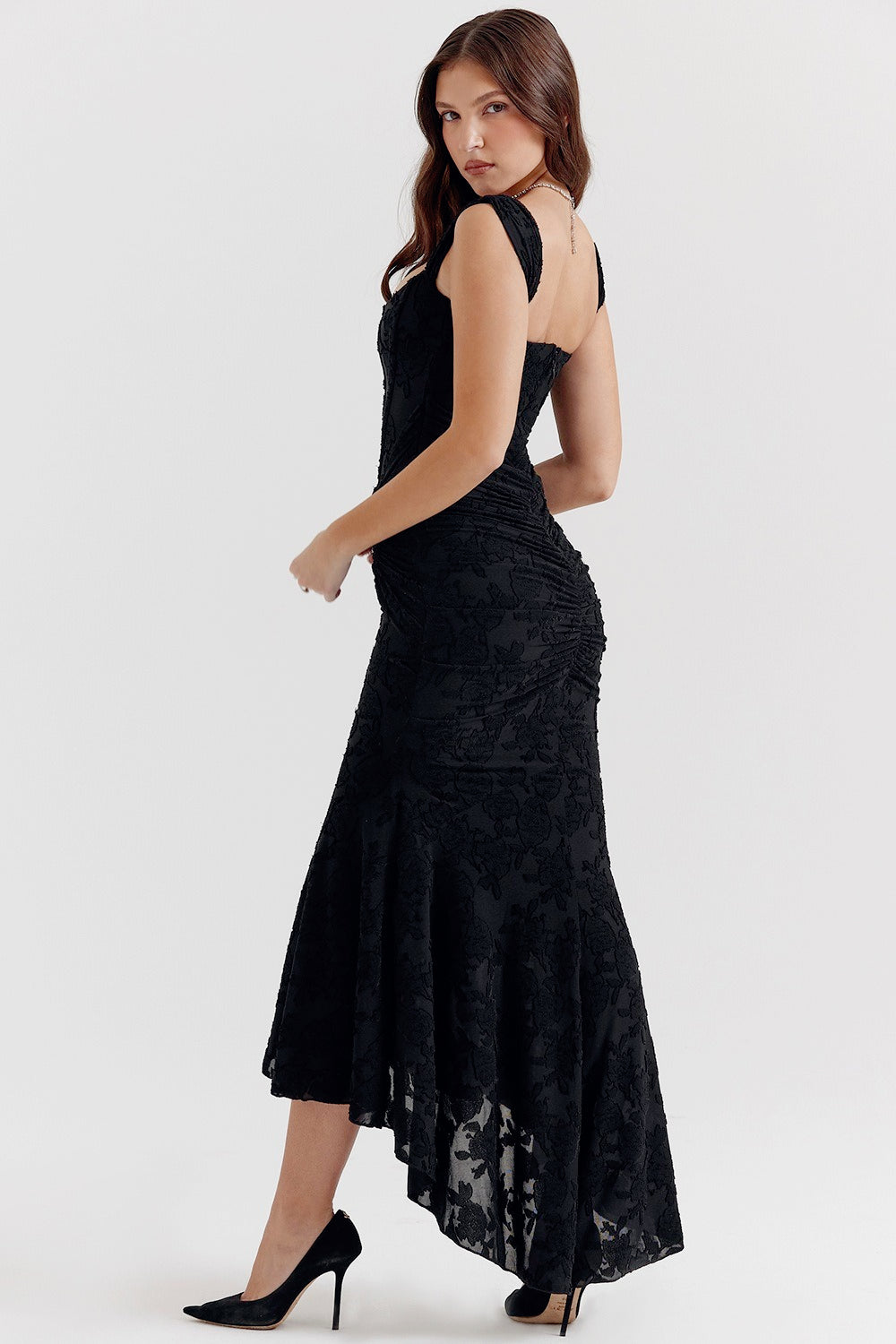 Velvet Square Neck Ruched Waist Lace Midi Dress
