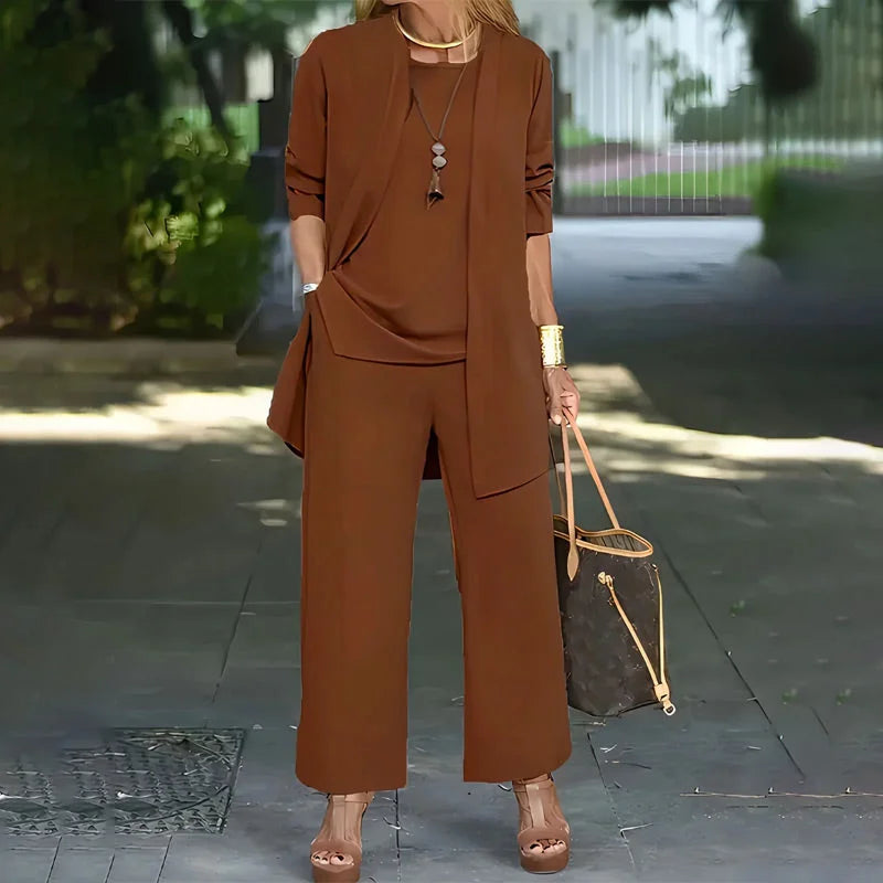 Round Neck Top Open Front Duster and Wide Leg Pants Three Piece Set