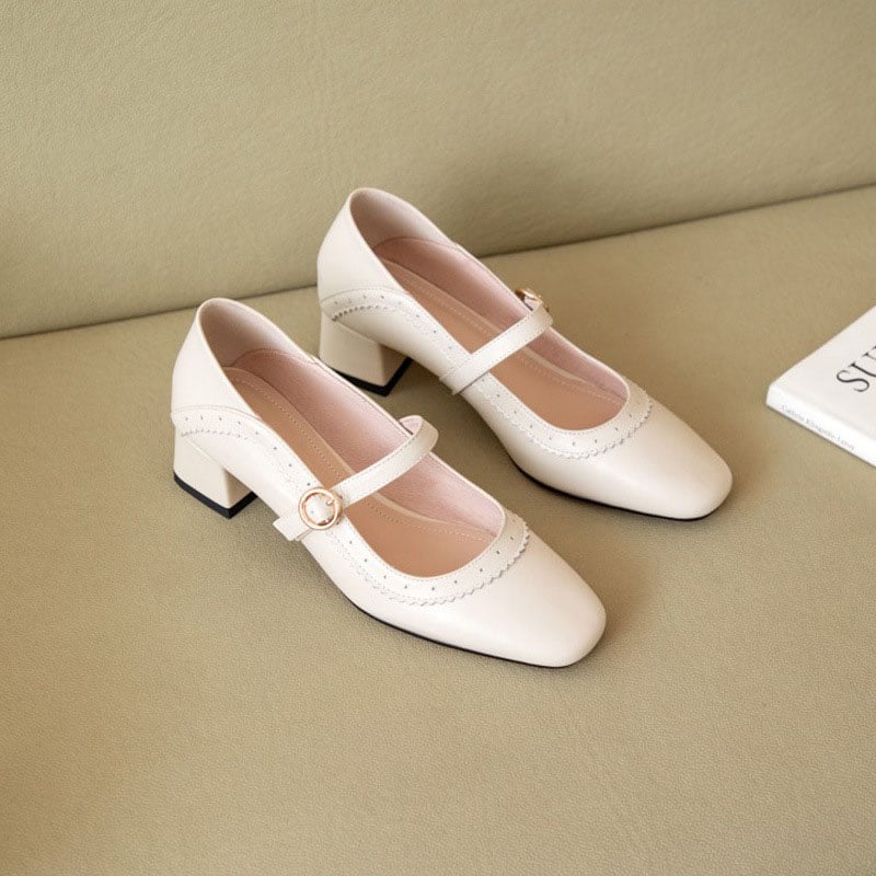 Pasua Square Toe Block Heels Mary Jane Shoes