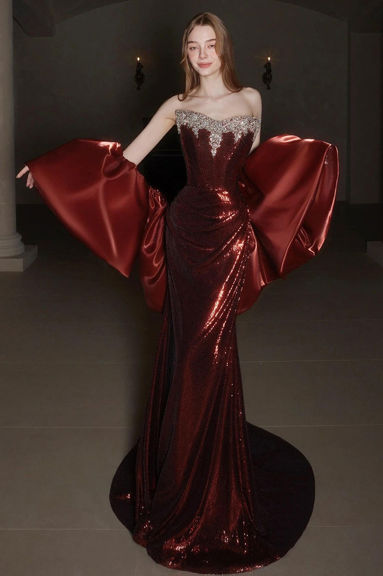 Sequin Strapless Beaded Ruched Mermaid Gown