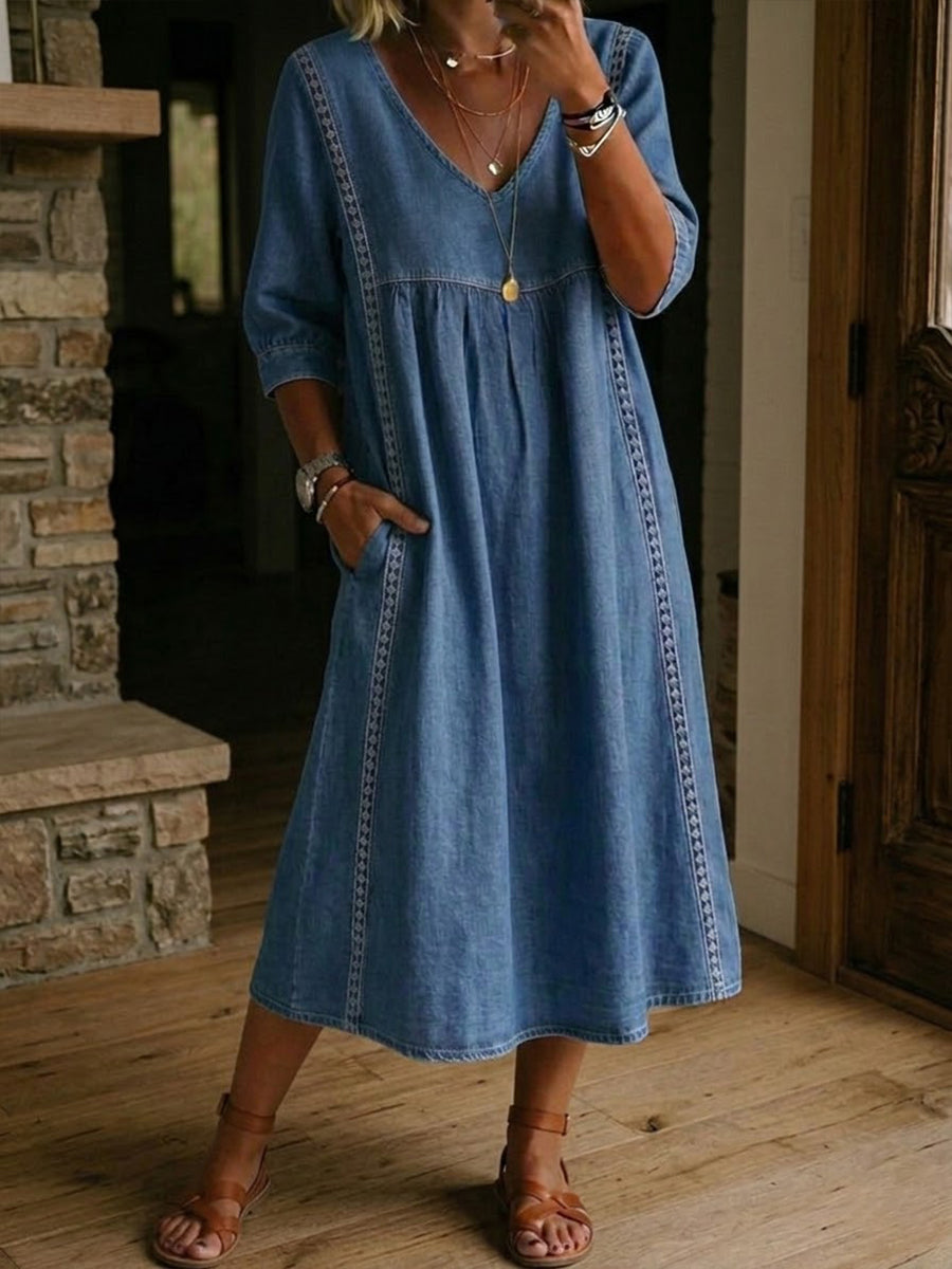 Denim V-Neck Pocket Midi Dress