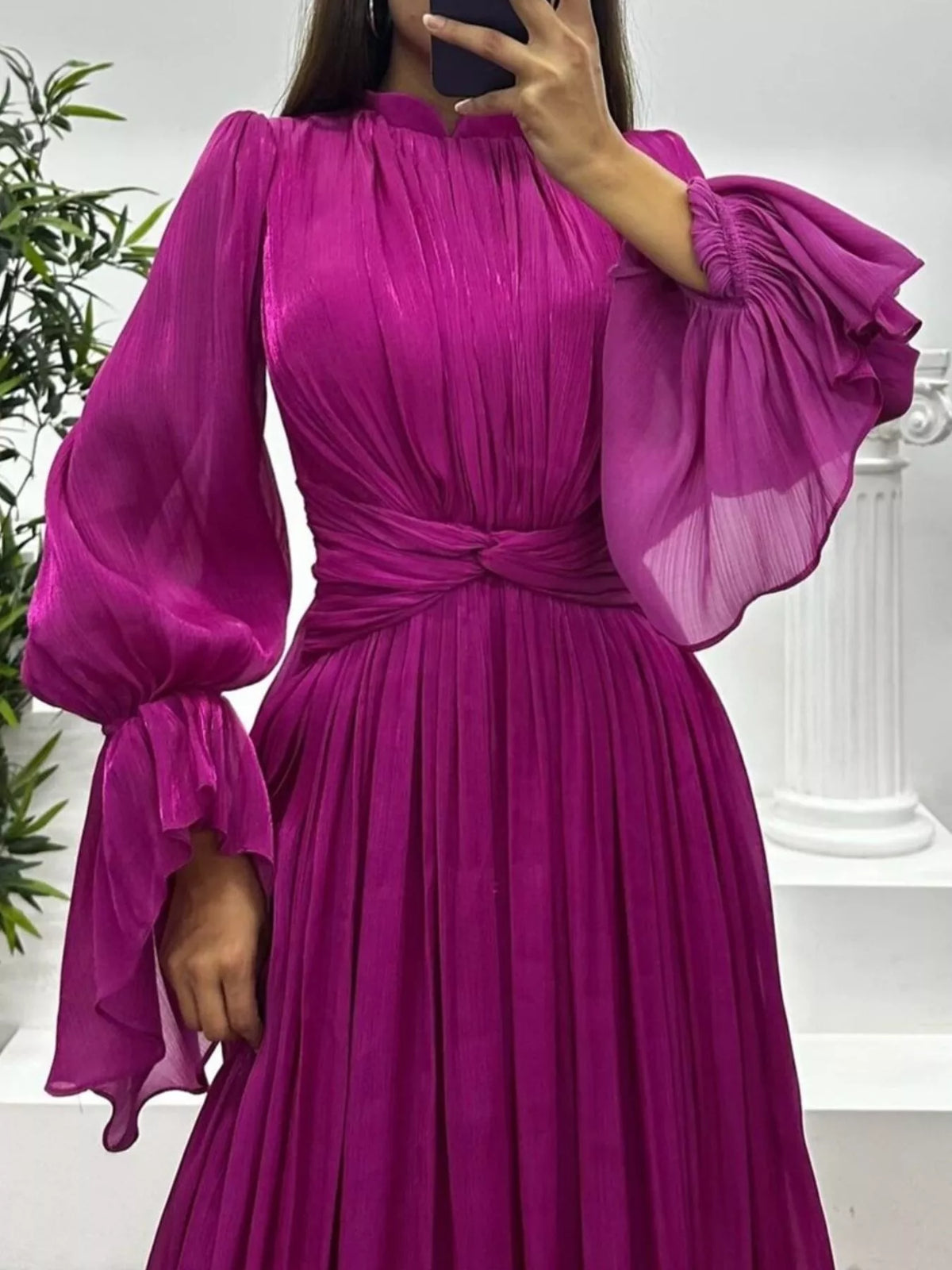 Pleated Satin Mock Neck Flared Bell Sleeve Twist Waist Maxi Gown 15