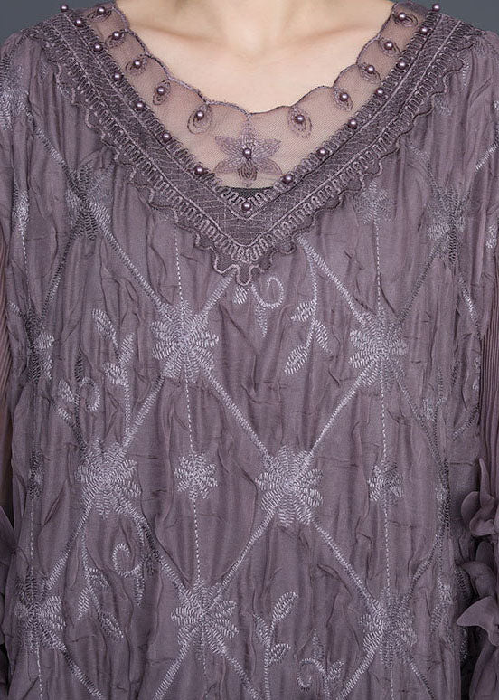 Embroidered Lace Trim V-Neck Leaf Appliqué Long Sleeve Crinkled Maxi Dress