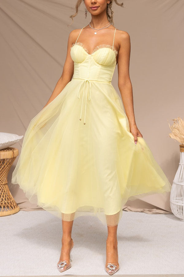 Tulle Corset Bustier Sweetheart Spaghetti Strap Tie Waist Midi Party Dress