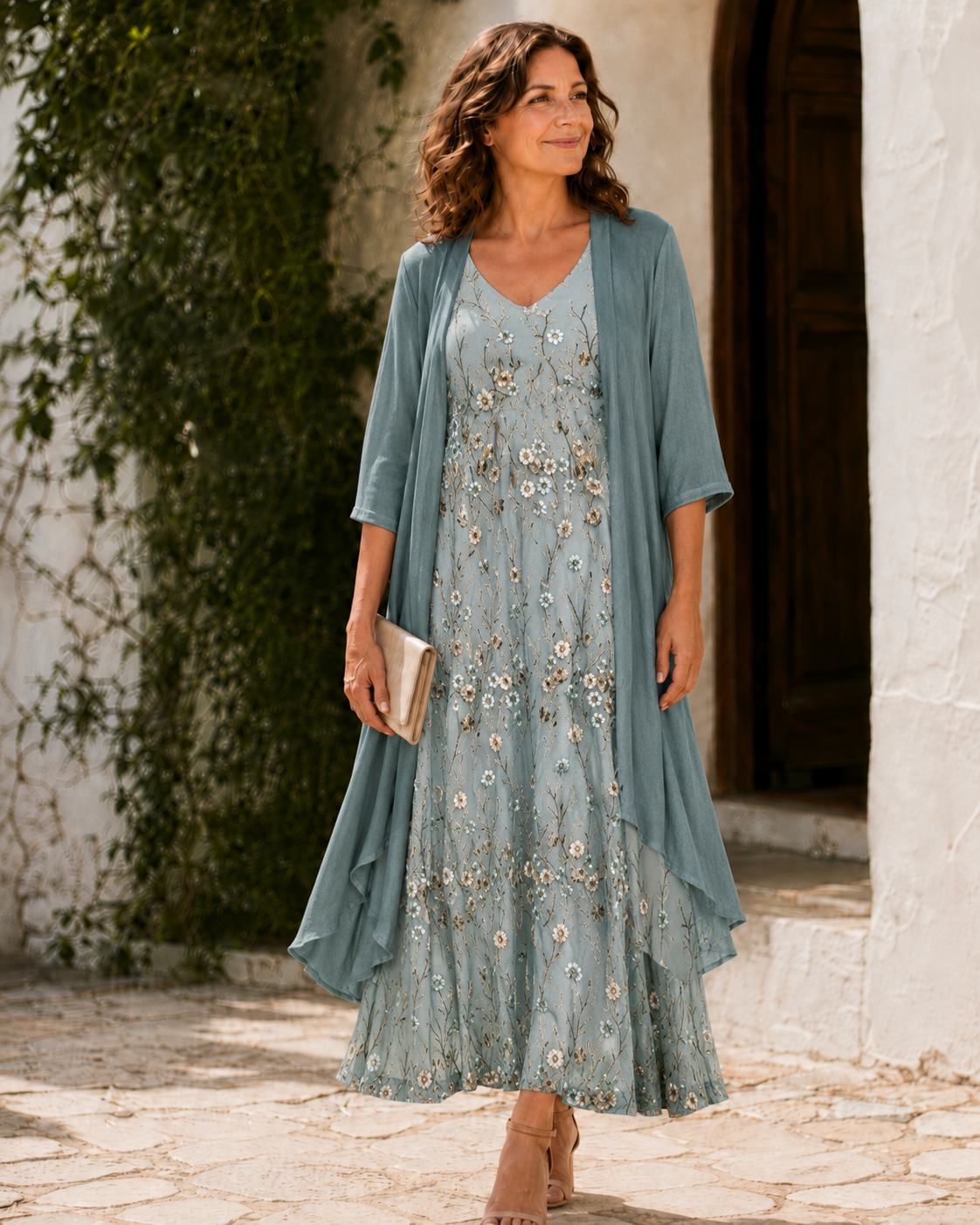 Floral Embroidered V-Neck Maxi Dress and Duster Two Piece Set