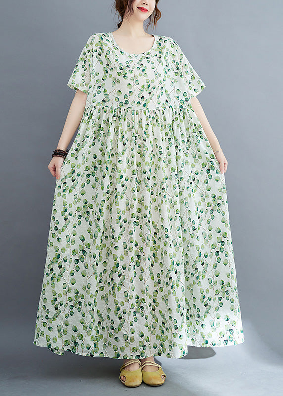 Leaf Print Round Neck Short Sleeve Empire Waist Oversized Maxi Dress