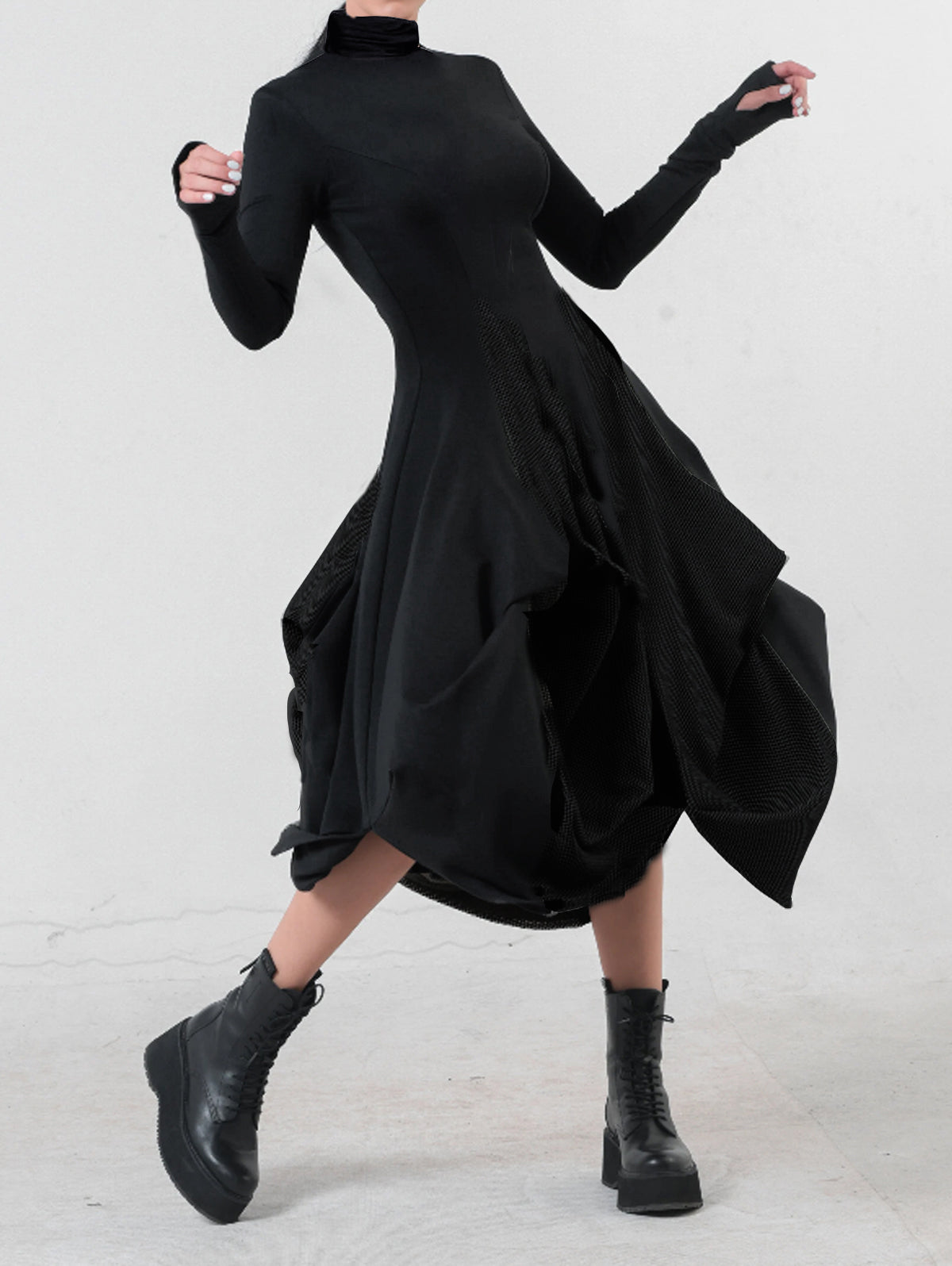High Neck Thumbhole Long Sleeve Mesh Panel Bubble Hem Asymmetrical Midi Dress
