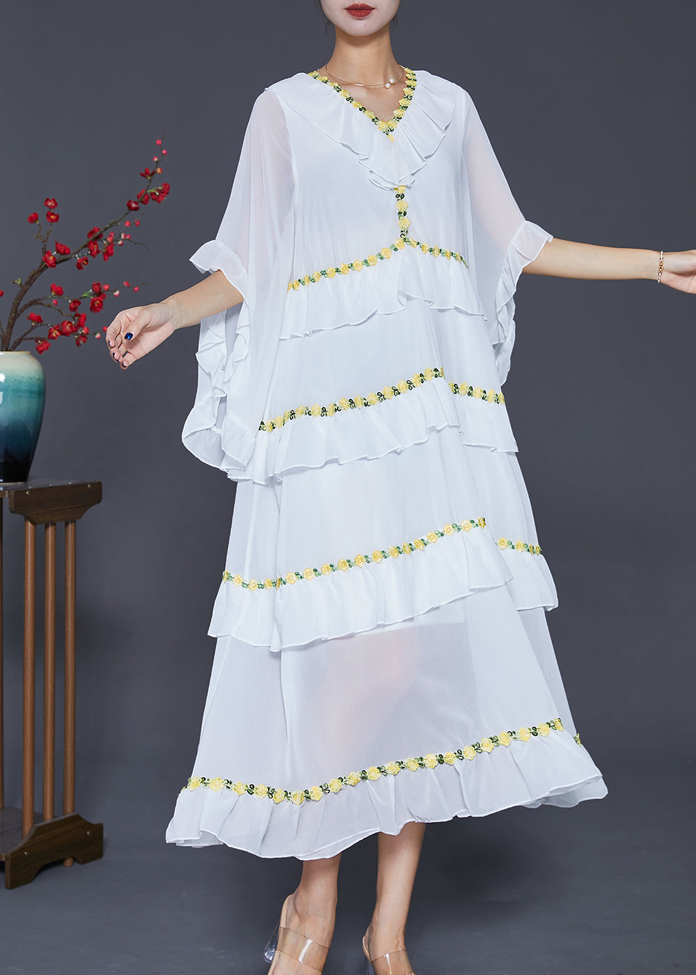 Chiffon V-Neck Ruffle Butterfly Sleeve Tiered Floral Embroidery Maxi Dress
