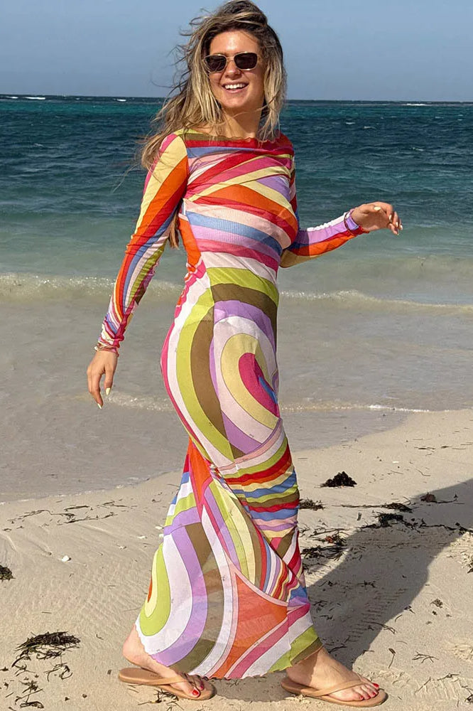 Striped Print Mesh See-Through Patchwork Maxi Dress