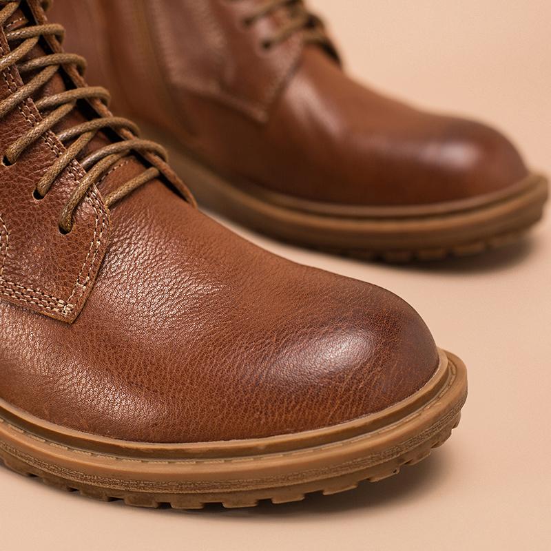 Full grain leather Combat Boots Designer Retro Chunky Buckle Boots Side Zip Brown/Black