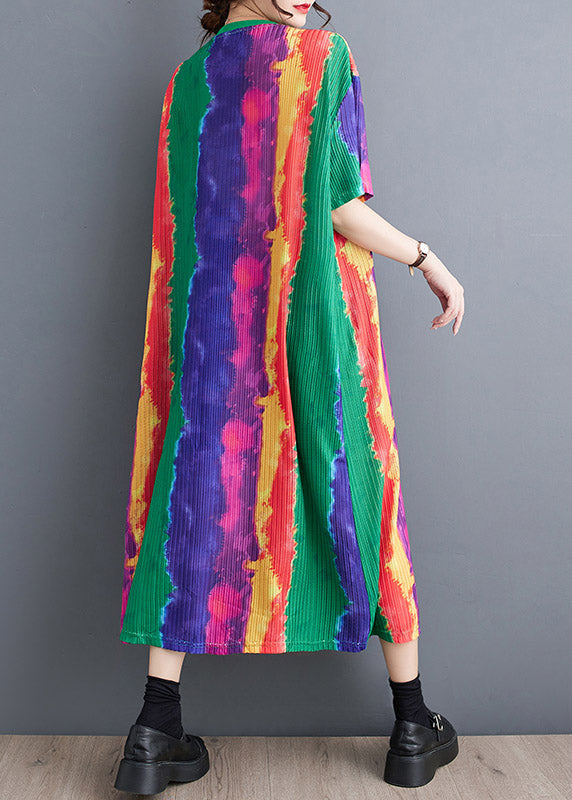 Plissé Abstract Stripe Print Round Neck Short Sleeve Asymmetric Pocket Midi Dress