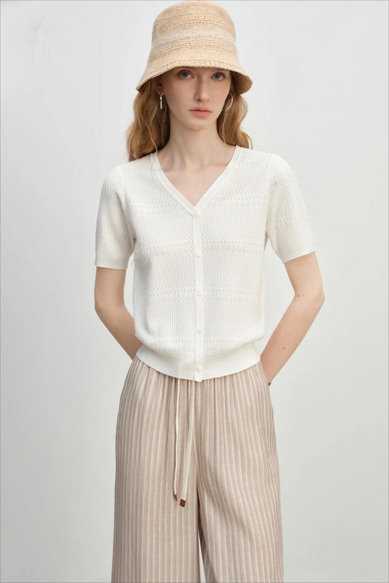 French Knit V-Neck Short Sleeve Cardigan