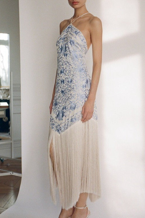 Floral Halter Neck Tassel Fringe Bodycon Midi Dress
