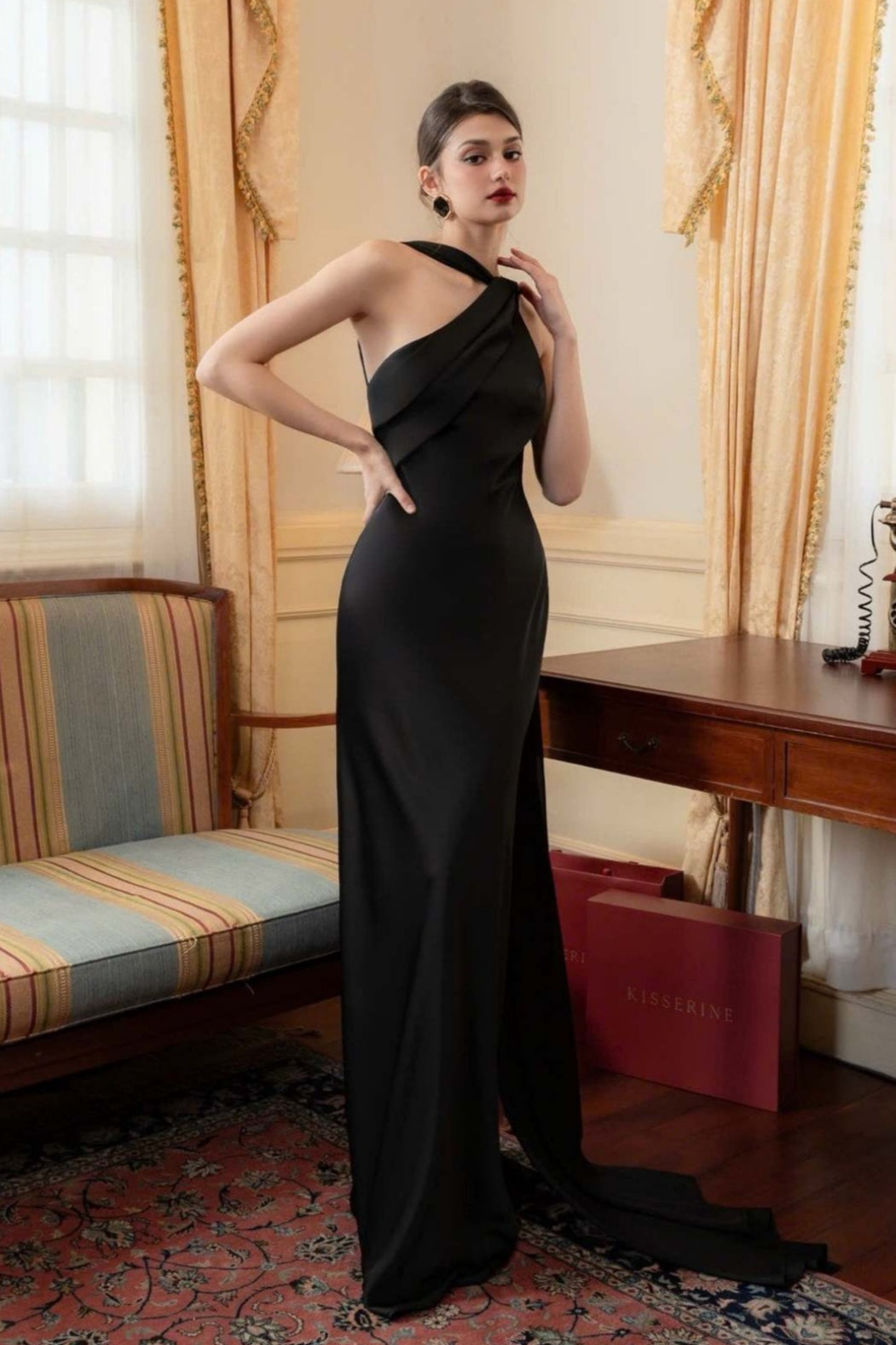 Satin One Shoulder Draped Cape Sheath Gown