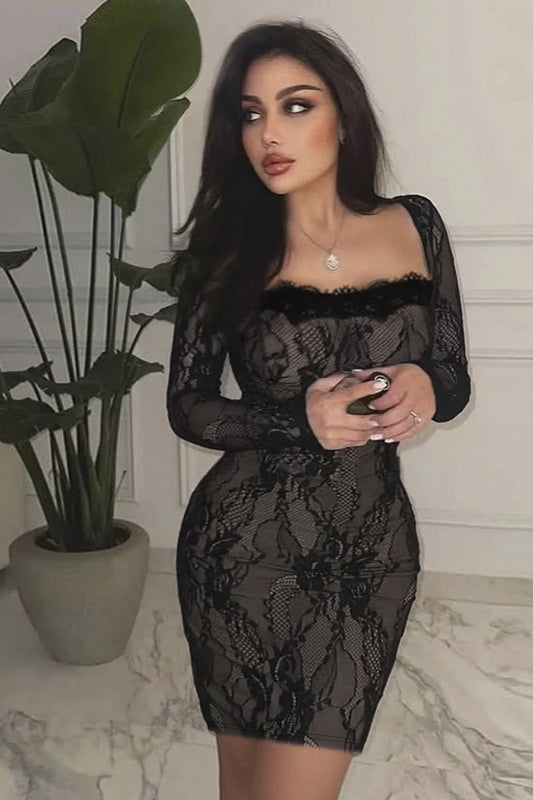 Lace Square Neck Long Sleeve Bodycon Mini Dress