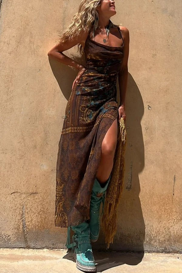 Backless Lace Up Fringe High Split Boho Maxi Dress