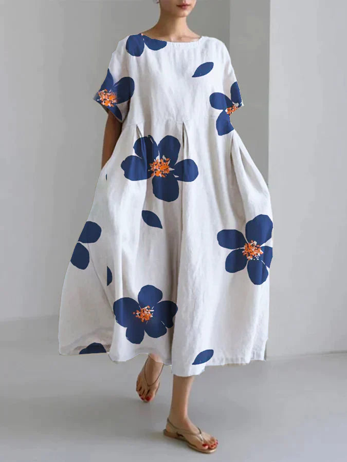 Floral Print Round Neck Short Sleeve Loose Midi Dress