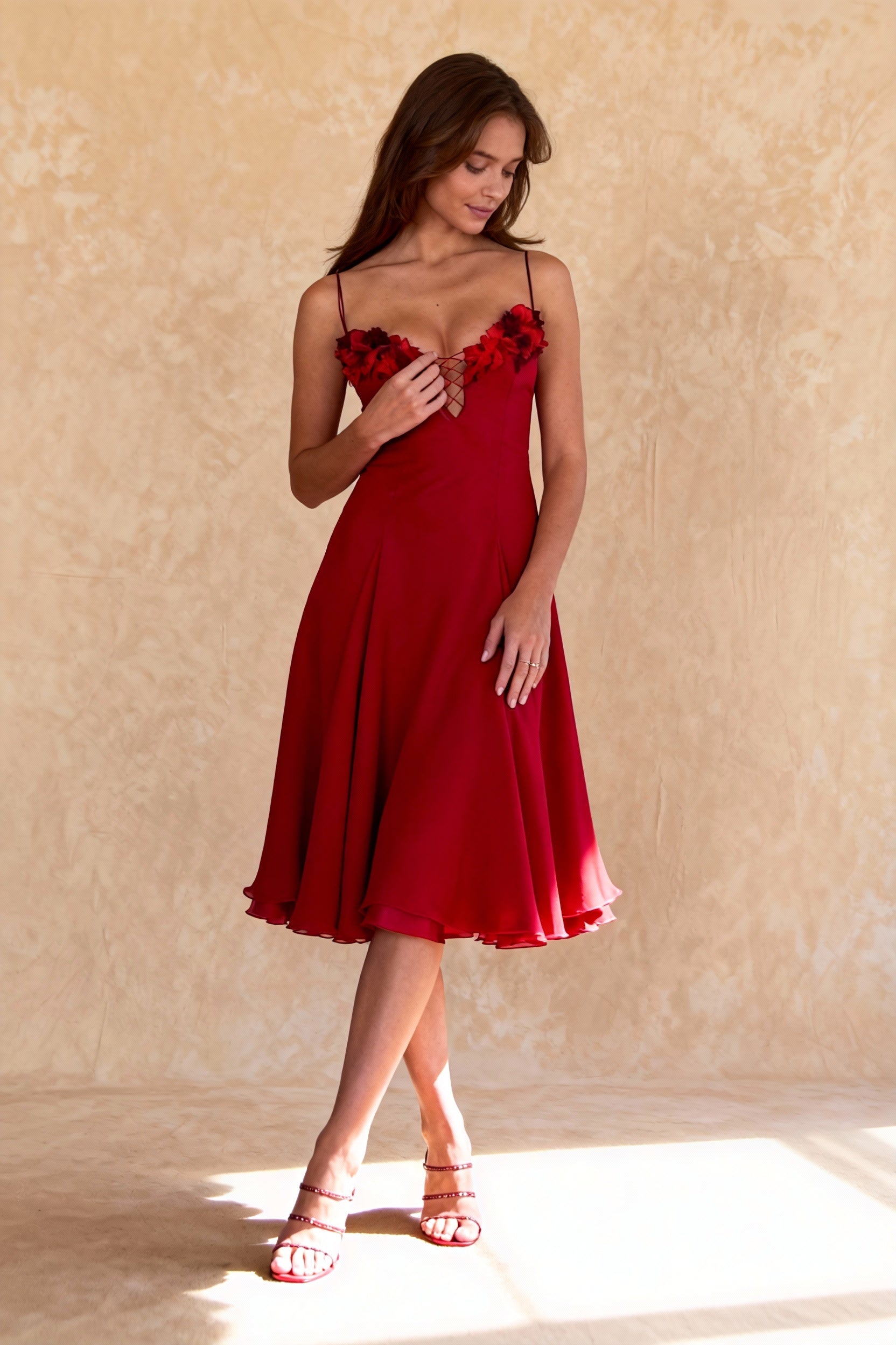 Chiffon Spaghetti Strap Deep V-Neck Rosette Fit and Flare Midi Dress