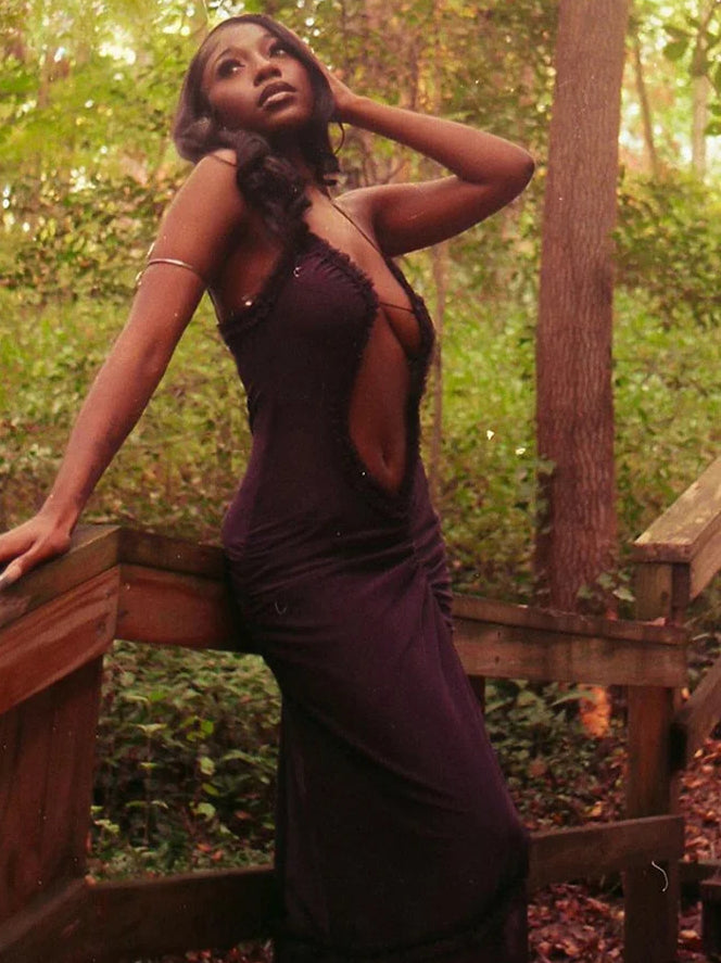 Hollow Out Printed Patchwork Lace-up Slip Dress