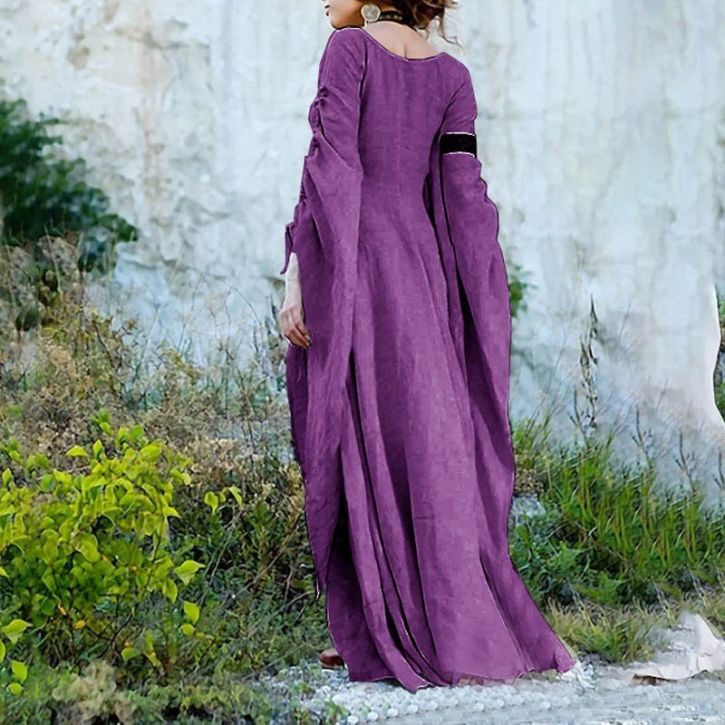 Bell Sleeve Scoop Neck Flowy Linen Look Maxi Dress