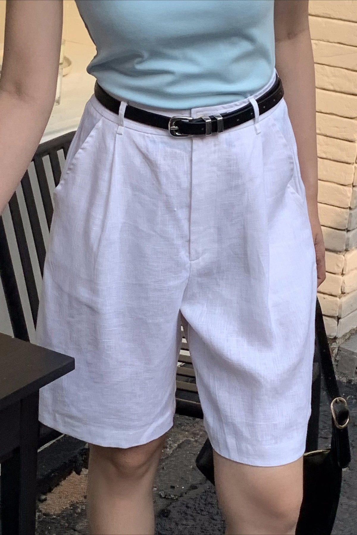 High Waist Pleated Front Linen-Look Knee Length Bermuda Shorts