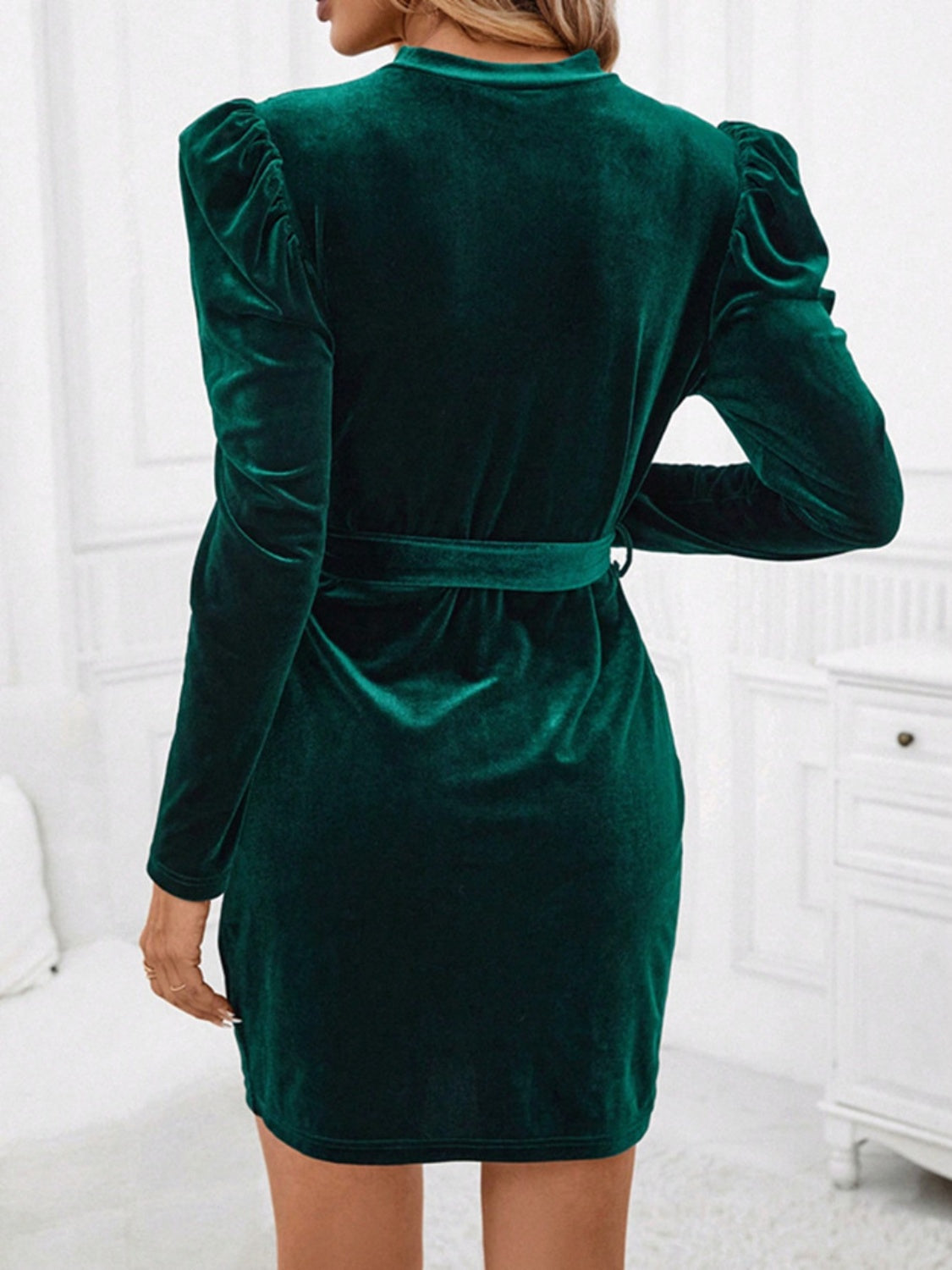 Noemí Timeless Mini Dress with Stand Up Collar, Tie Waist and Puff Sleeves Premium Wardrobe Essential