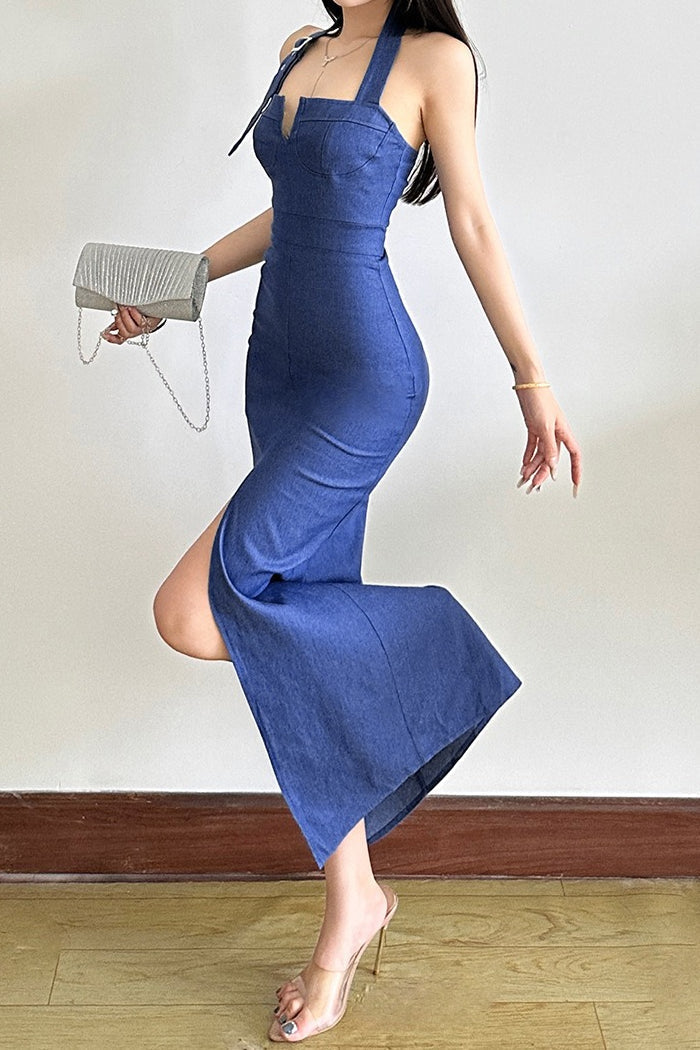Halter Edition Split Maxi Denim Dress
