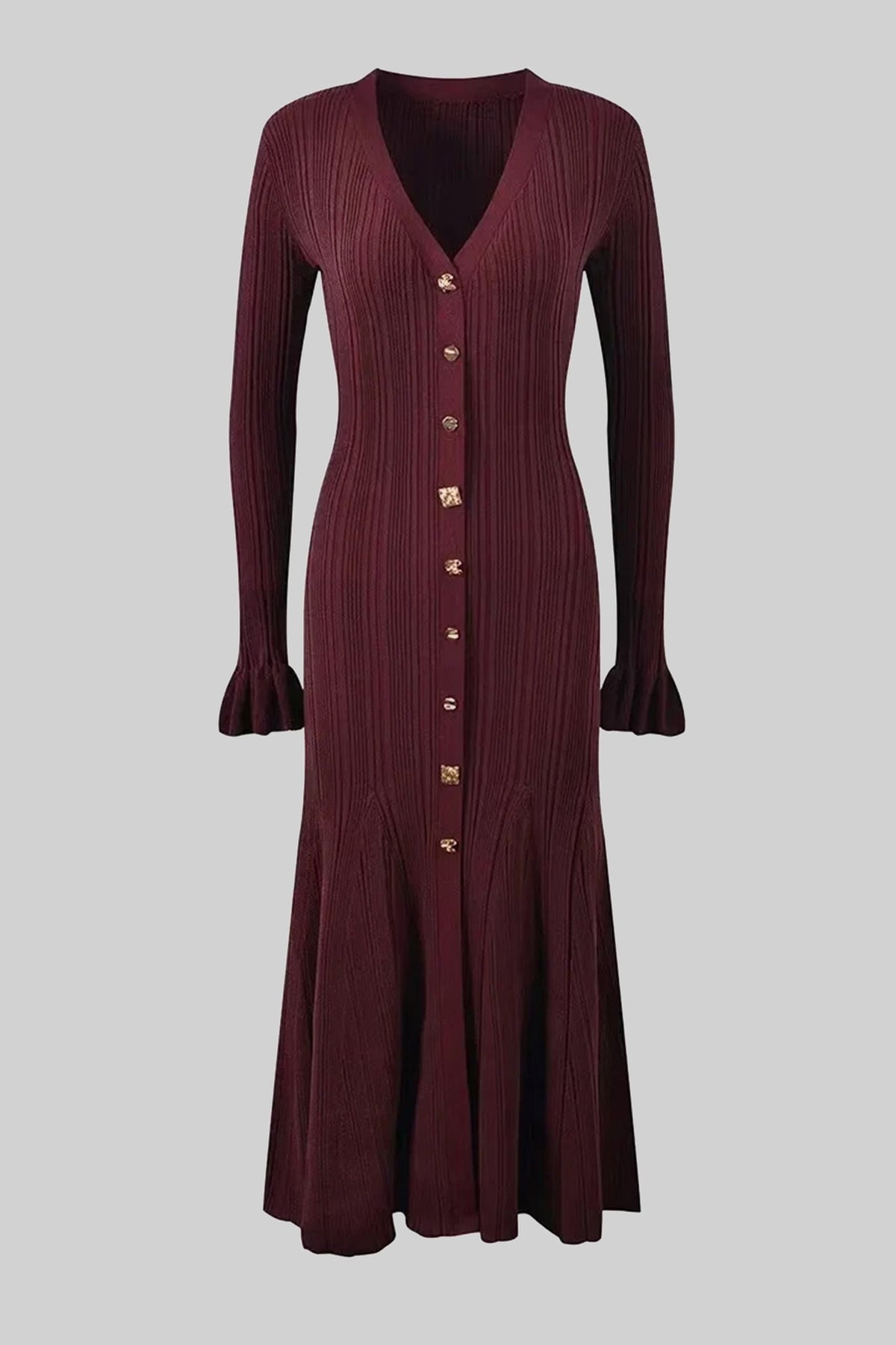 V-Neck Long Sleeve Ruffle Cuff Button Front Ribbed Knit Midi Dress 2