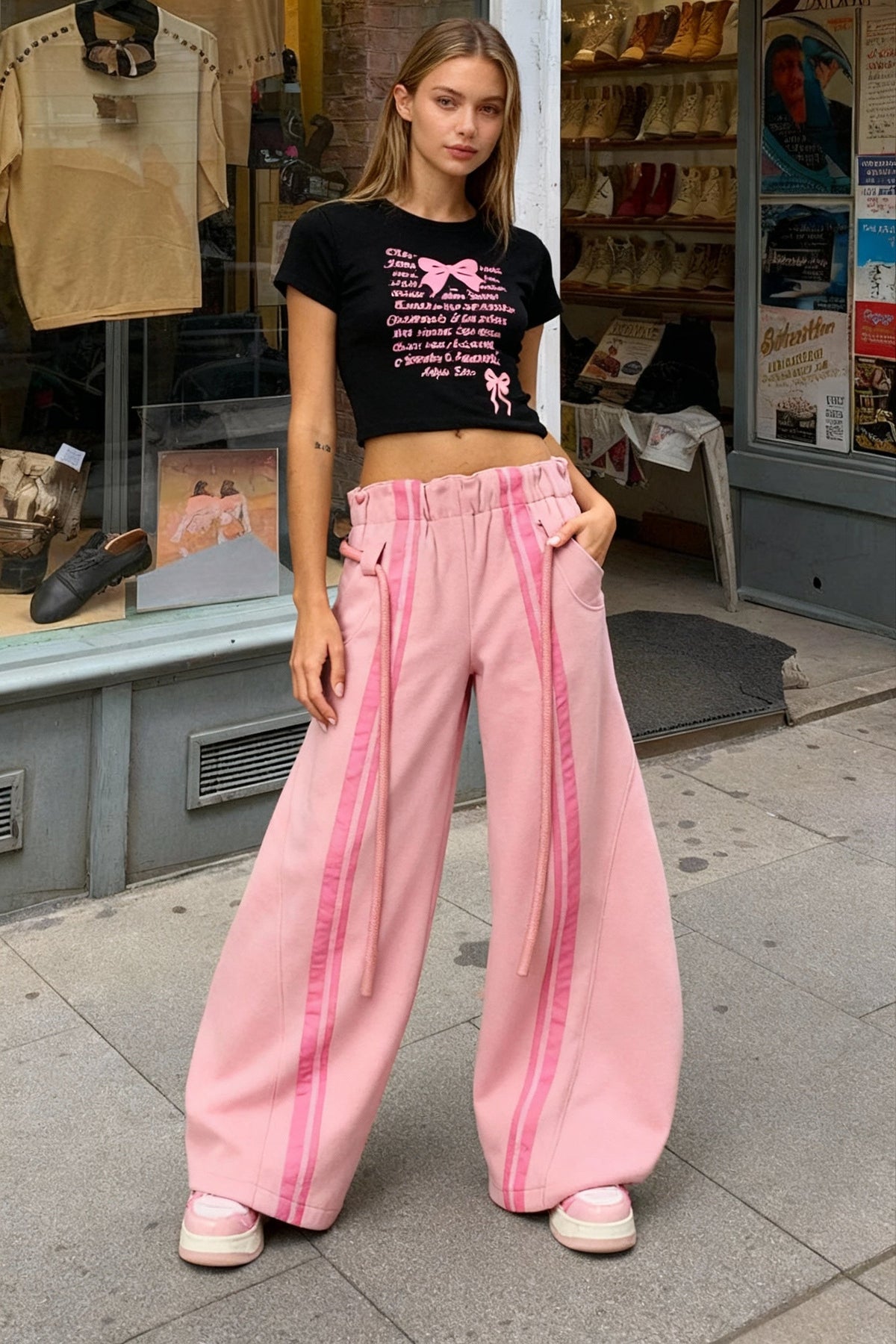 Drawstring Elastic High Waist Side Stripe Wide Leg Jogger Pants