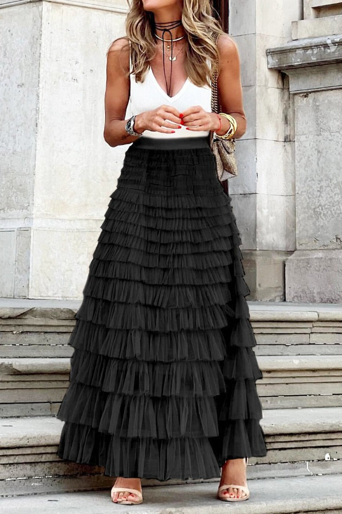 Tiered Sheer Mesh A-Line Maxi Skirt