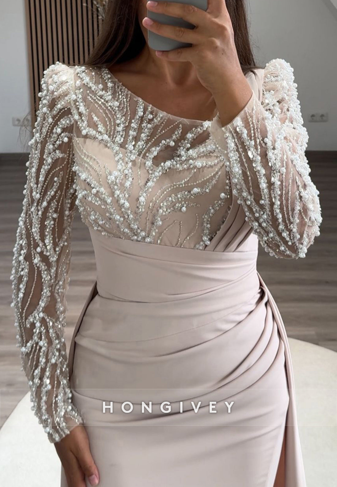 Pleated Beading Long Sleeve Illusion Neck Sweep Train Formal Dresses