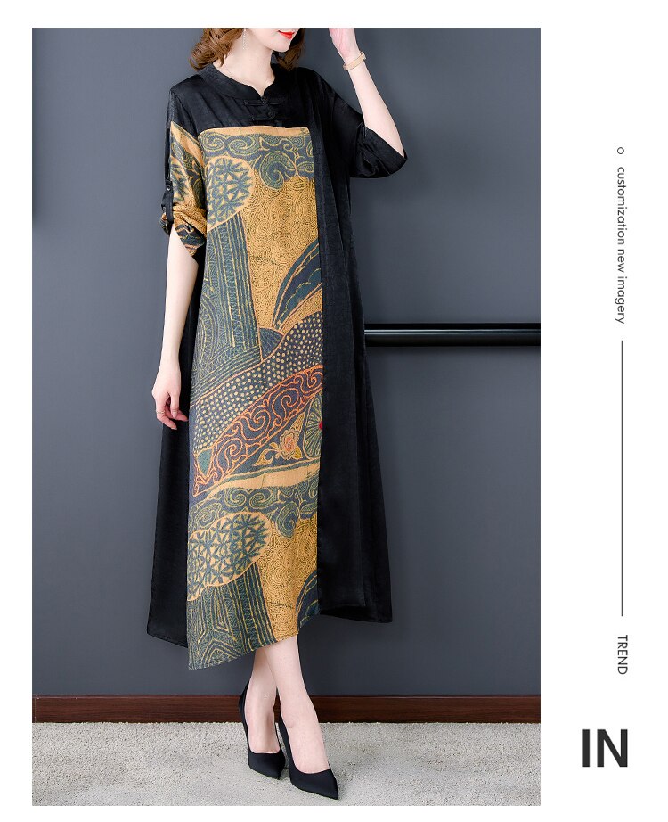 Patchwork Print Mandarin Collar Three-Quarter Sleeve Loose A-Line Midi Dress