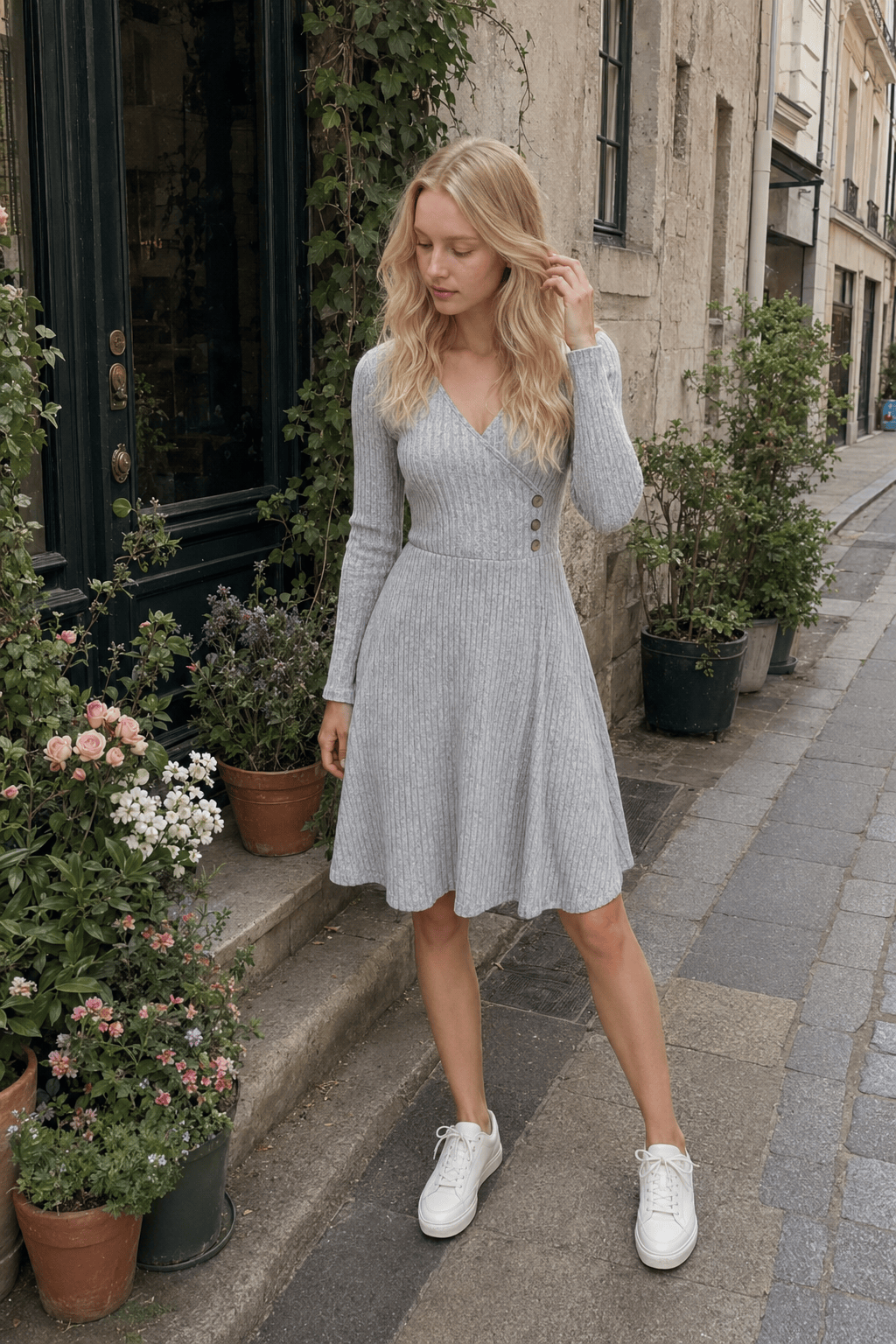 V-Neck Patchwork Sweater Dress