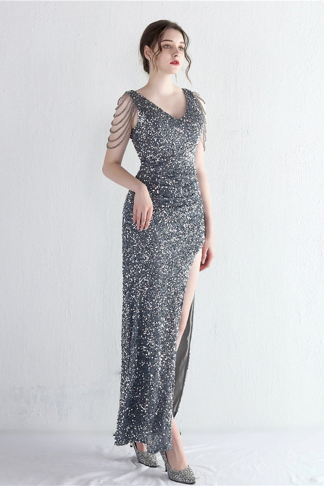 Sequin V-Neck Beaded Fringe High Split Mermaid Gown