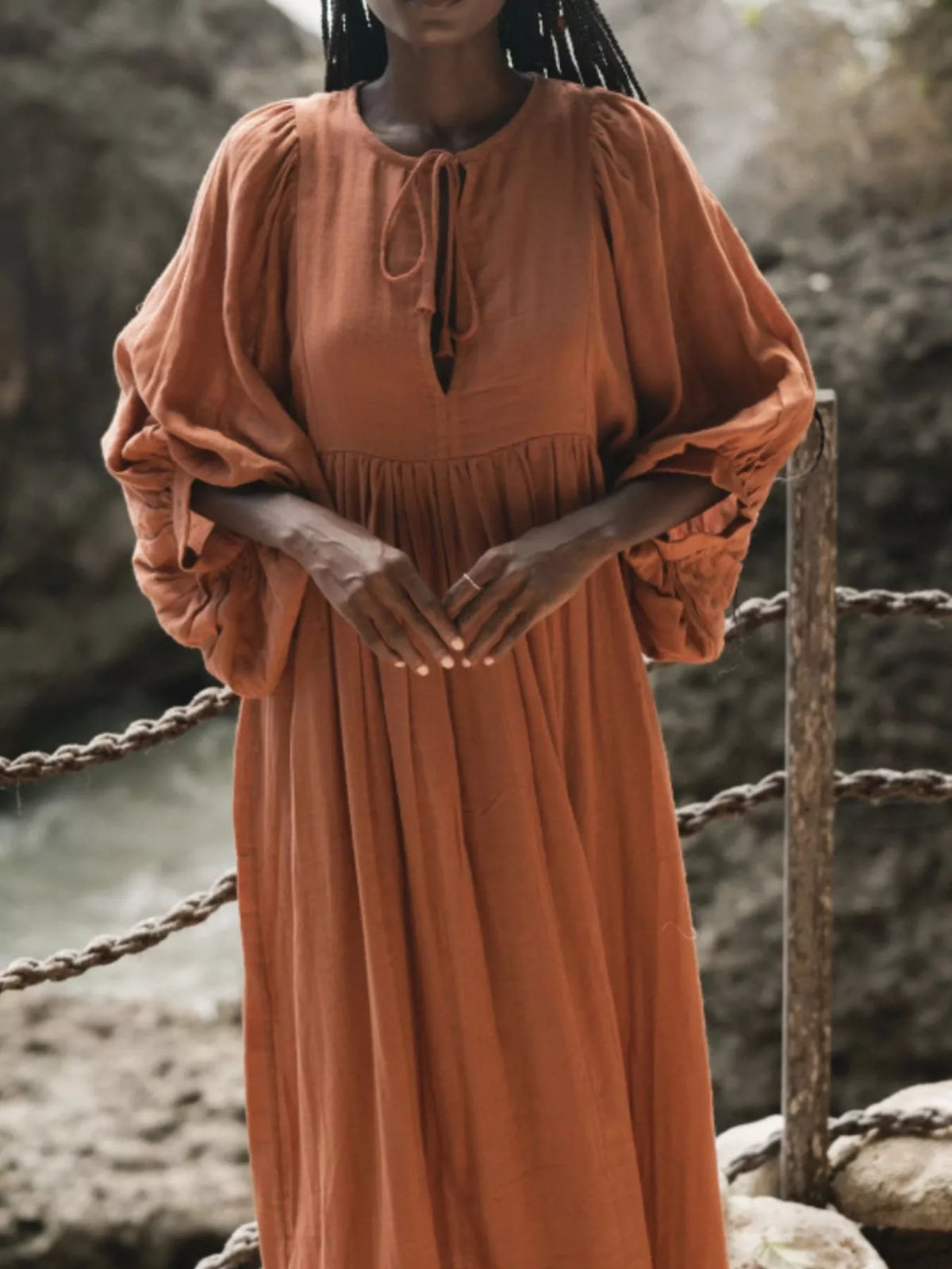 Split V-Neck Tie Neck Puff Sleeve Smock Midi Dress 8
