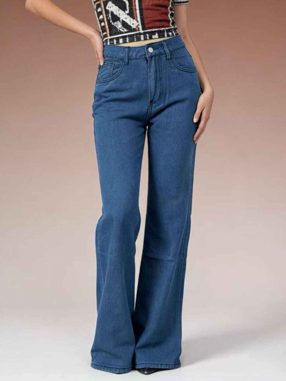 High Waist Five Pocket Full Length Wide Leg Jeans