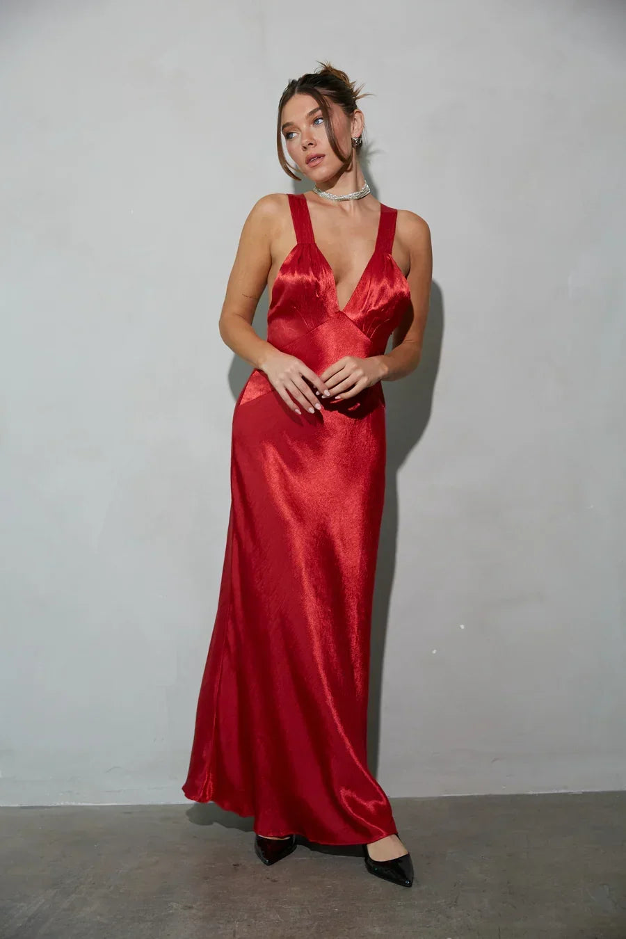 Satin Deep V-Neck Wide Strap Open Back Bias Cut Maxi Dress 6
