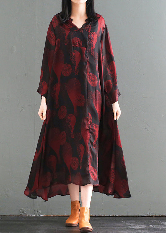 Medallion Print Mandarin Collar Frog Button High Low Long Sleeve Pocket Maxi Dress