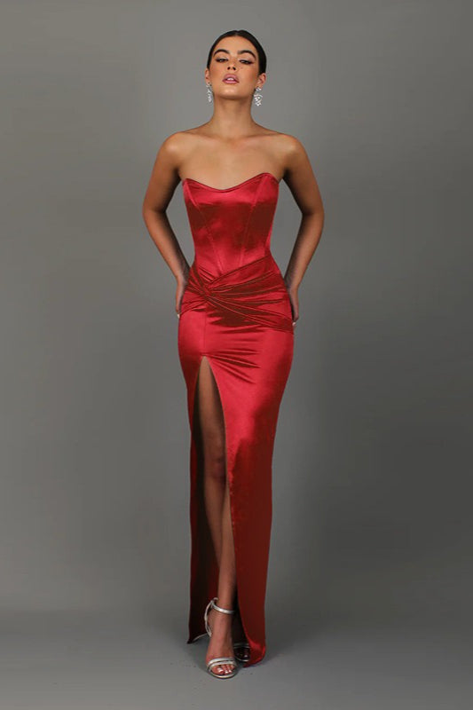 Satin Strapless Corset Twist Front High Split Maxi Gown