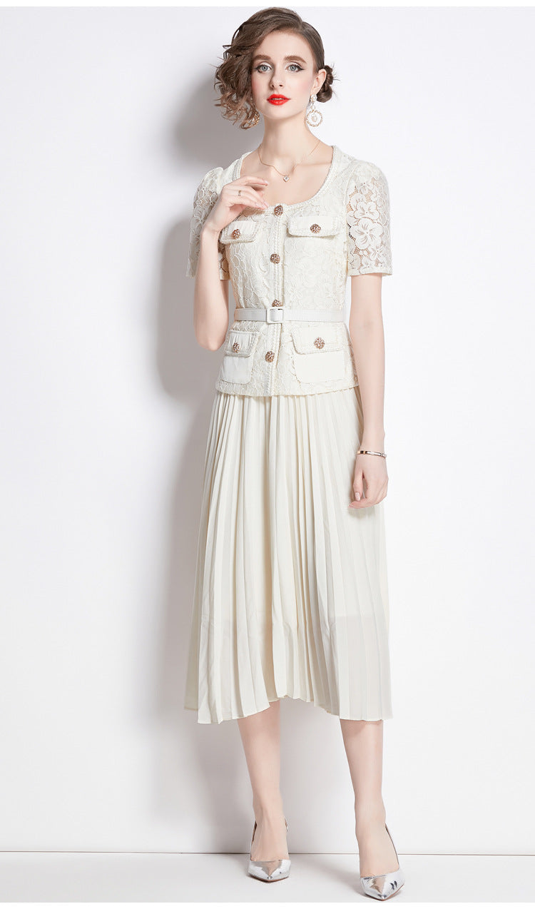 Faux Two Piece Lace Long Sleeve Pleated Midi Dress 41