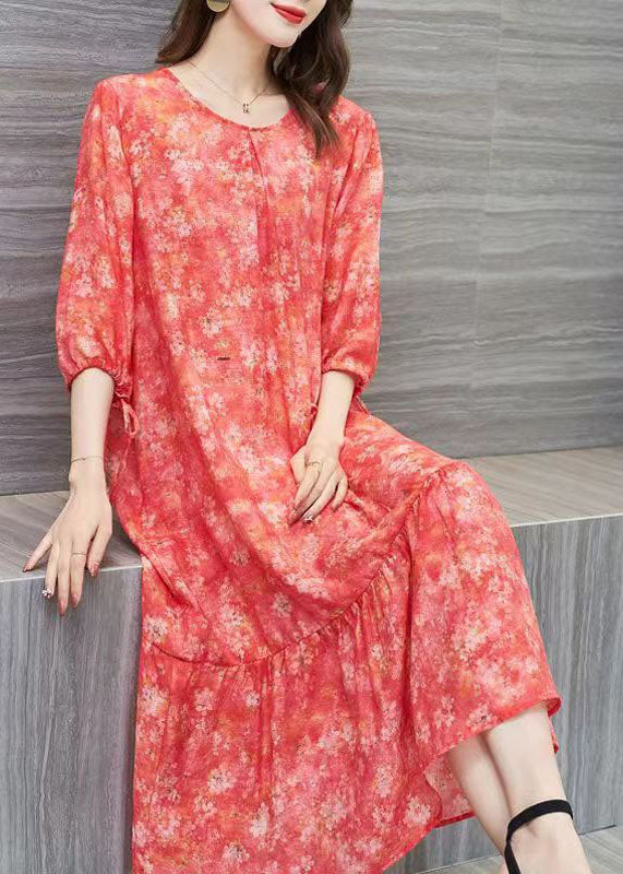 Floral Print Round Neck Tie Cuff Three Quarter Sleeve Tiered Ruffle Midi Dress