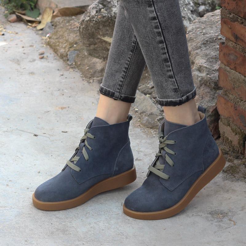 Nubuck Leather Boots Fur Lining Casual Ankle Boots Light Apricot/Dark Blue