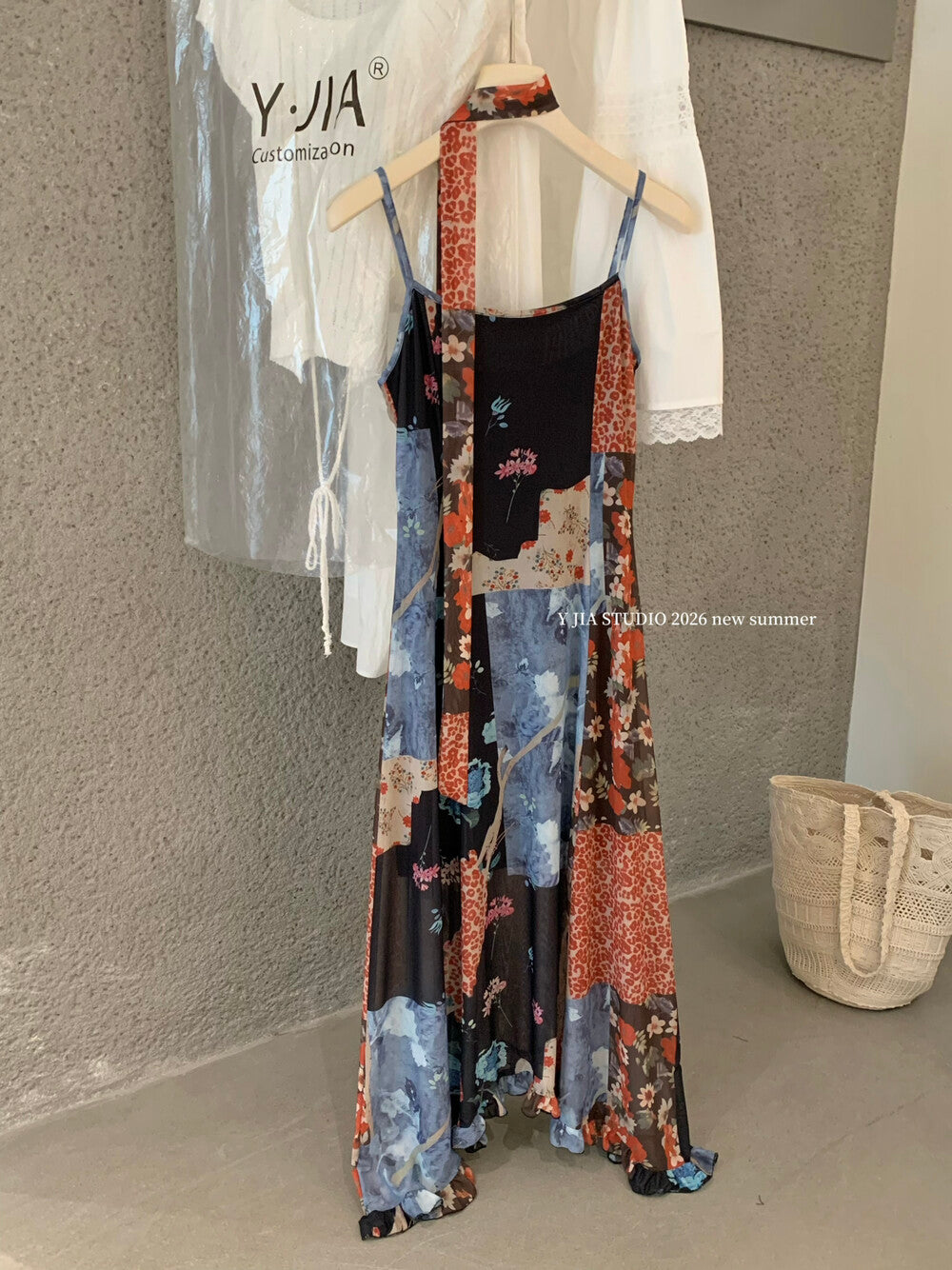 Floral Patchwork Spaghetti Strap Ruffle Maxi Dress 26
