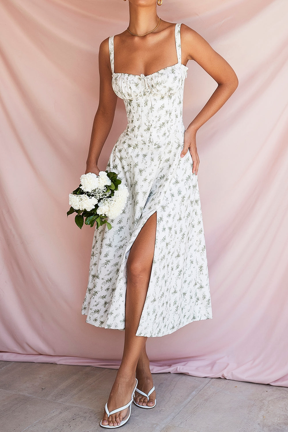 Ditsy Floral Sweetheart Tie Front Bustier High Split Maxi Dress 17