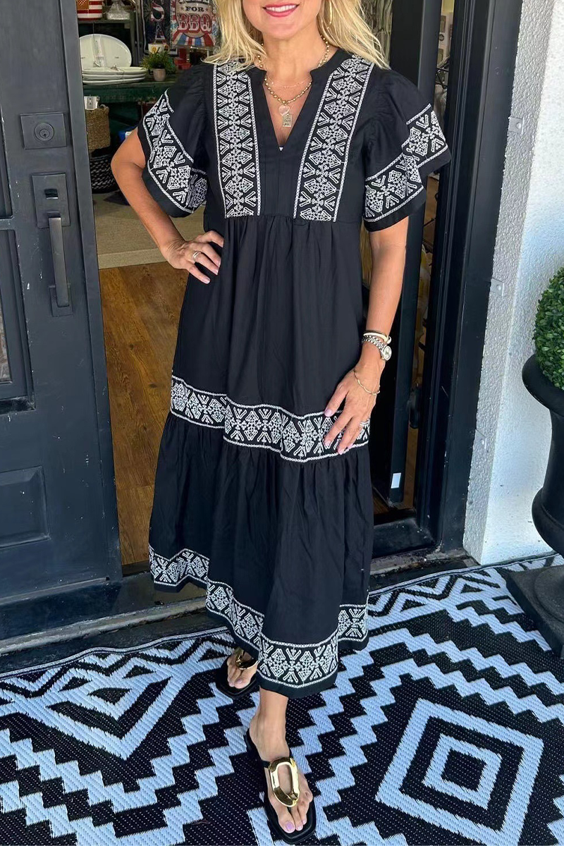 Geometric print patchwork V-neck A-line short-sleeved dress