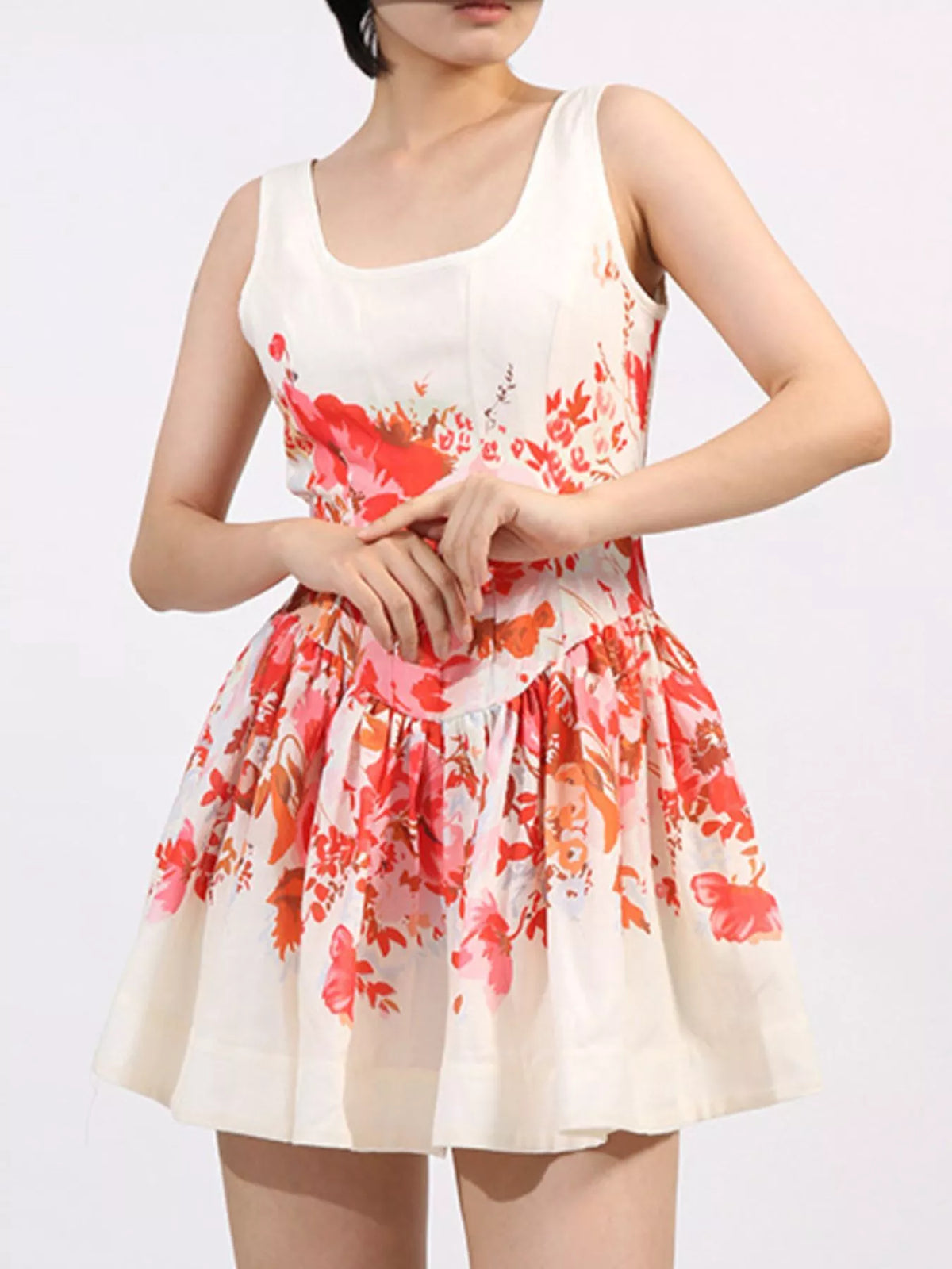 Floral Print Scoop Neck Sleeveless Drop Waist Fit and Flare Mini Dress 2