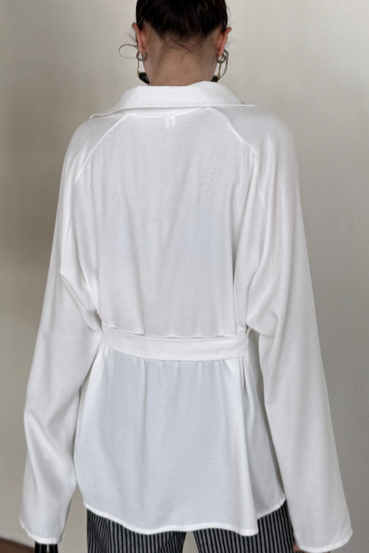 Collared V-Neck Long Sleeve Ring Buckle Belted Tunic Blouse 4